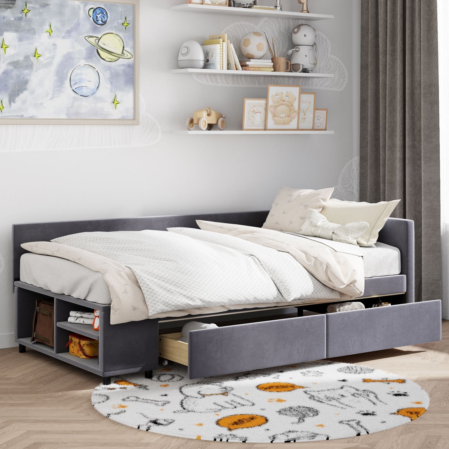 L Shaped Upholstered Platform Bed With Storage And Drawers