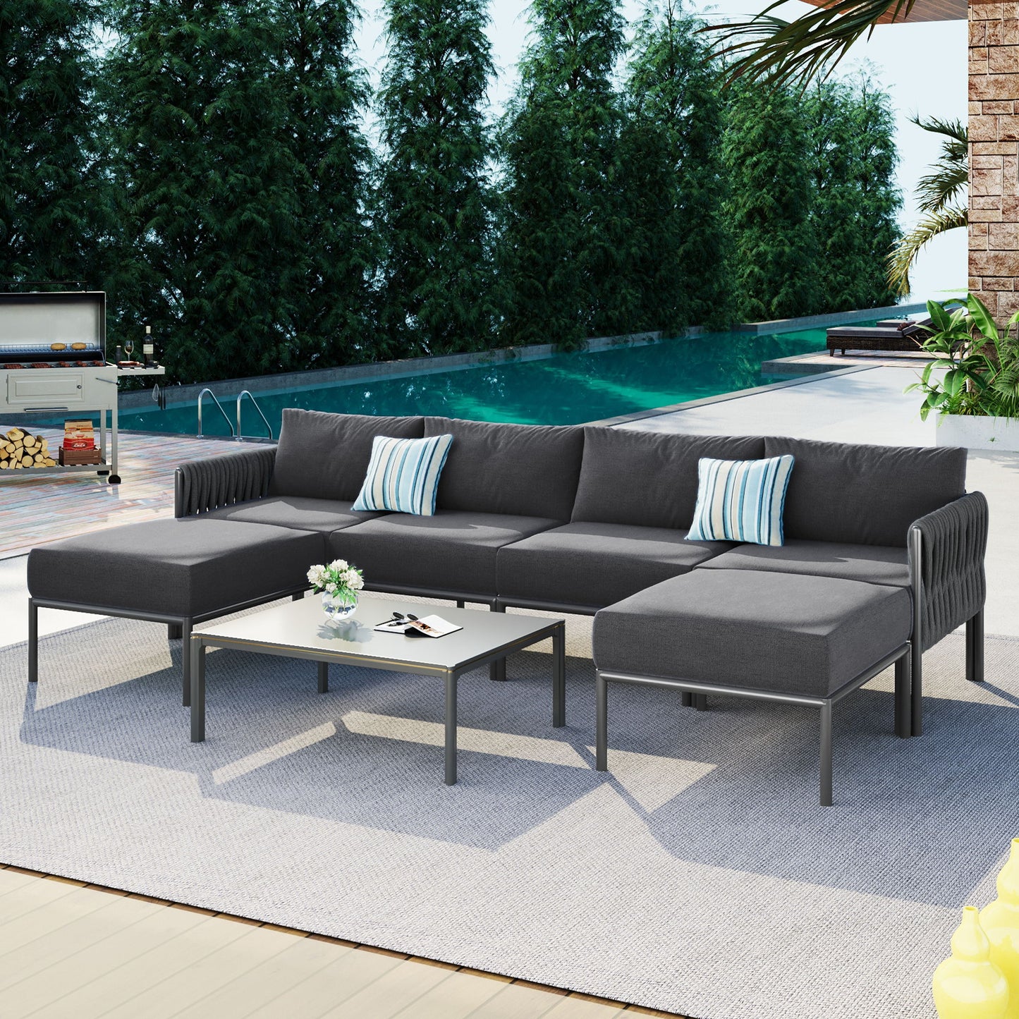 6 Pieces Aluminum Patio Furniture Set, Modern Metal Outdoor Conversation Set Sectional Sofa With Removable Olefin Extra Thick Cushions Cushion - Gray