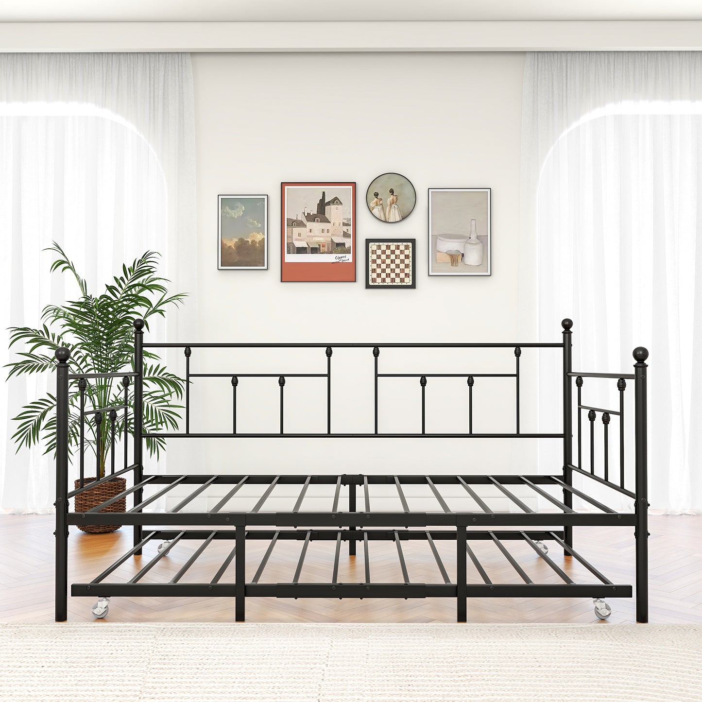 Twin Size Daybed Metal Frame with Trundle Set, Twin Day Bed Sofa, Daybed and Roll Sofa Bed for Guest Room, Bedroom, Living Room, Victorian Style, Black