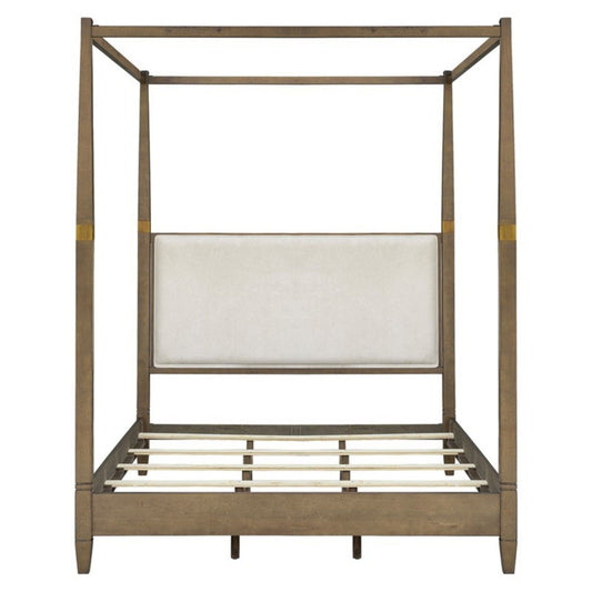 Queen Canopy Bed Frame With Upholstered Headboard - Brown