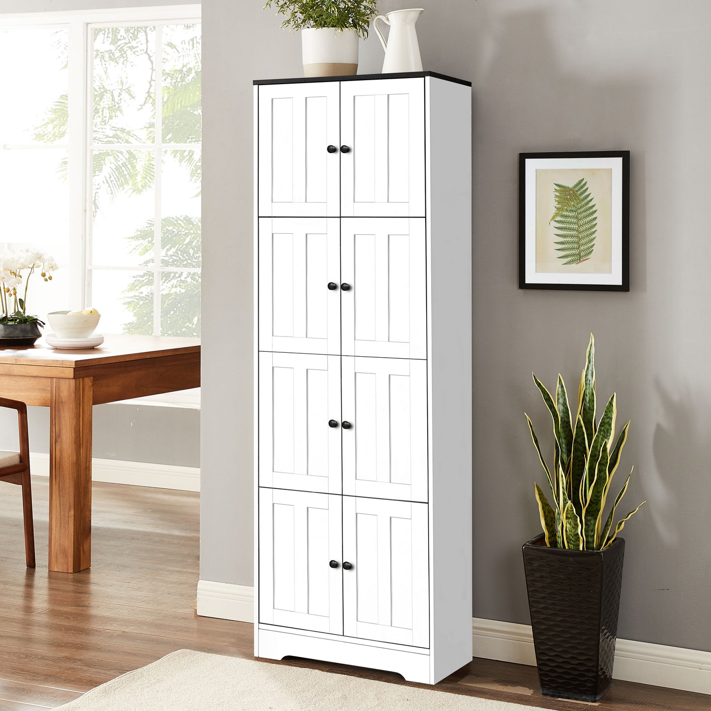 Tall Storage Cabinet With 8 Doors And 4 Shelves, Wall Storage Cabinet For Living Room, Kitchen, Office, Bedroom, Bathroom