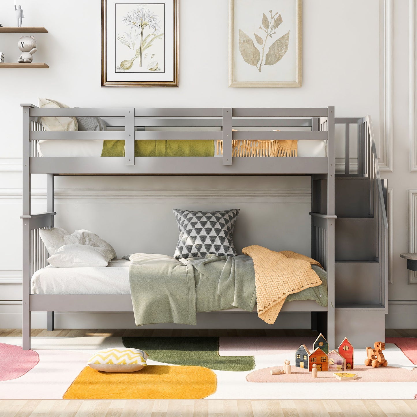 Stairway Bunk Bed With Storage And Guard Rail For Bedroom, Dorm