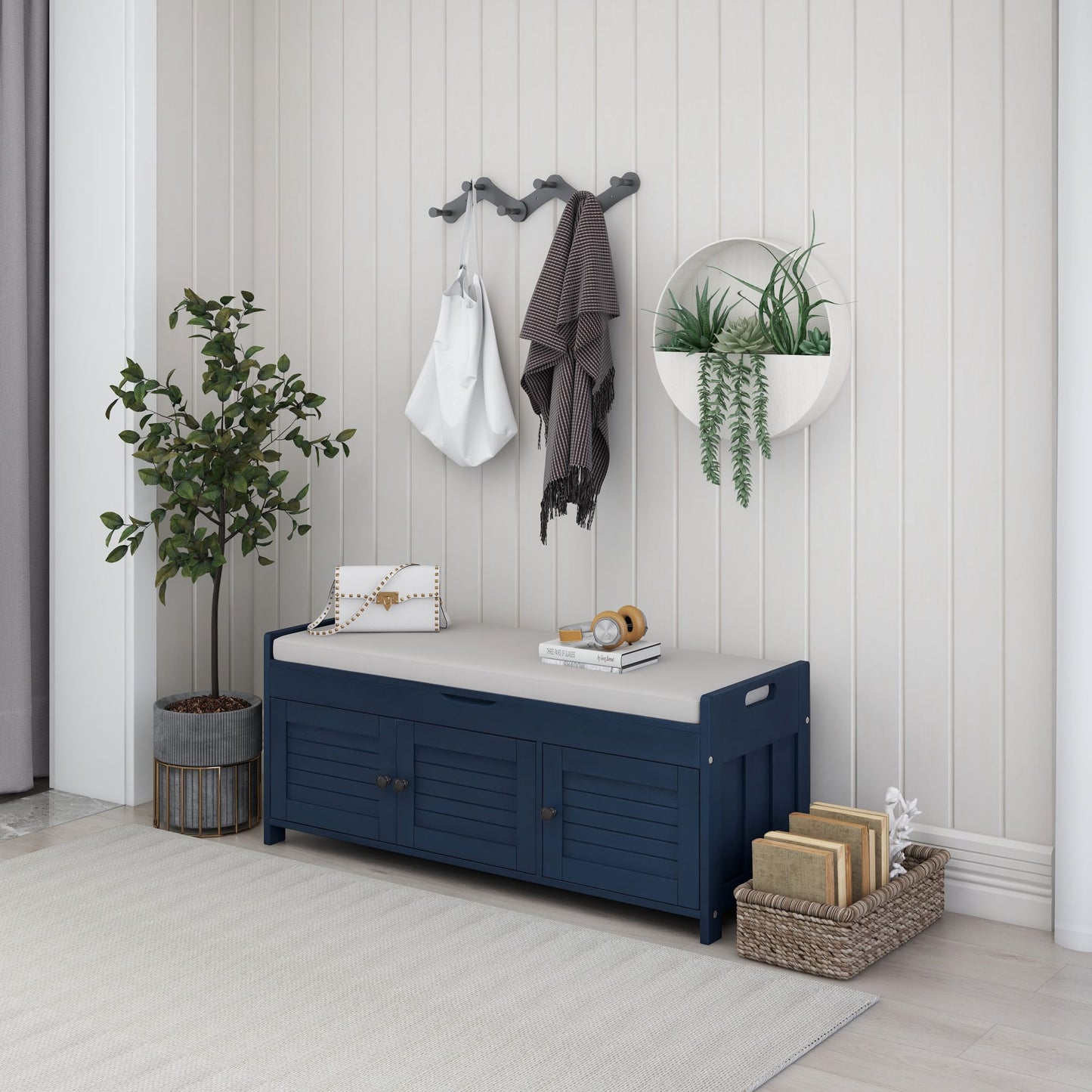 Storage Bench With 3 Shutter-Shaped Doors, Shoe Bench With Removable Cushion And Hidden Storage Space