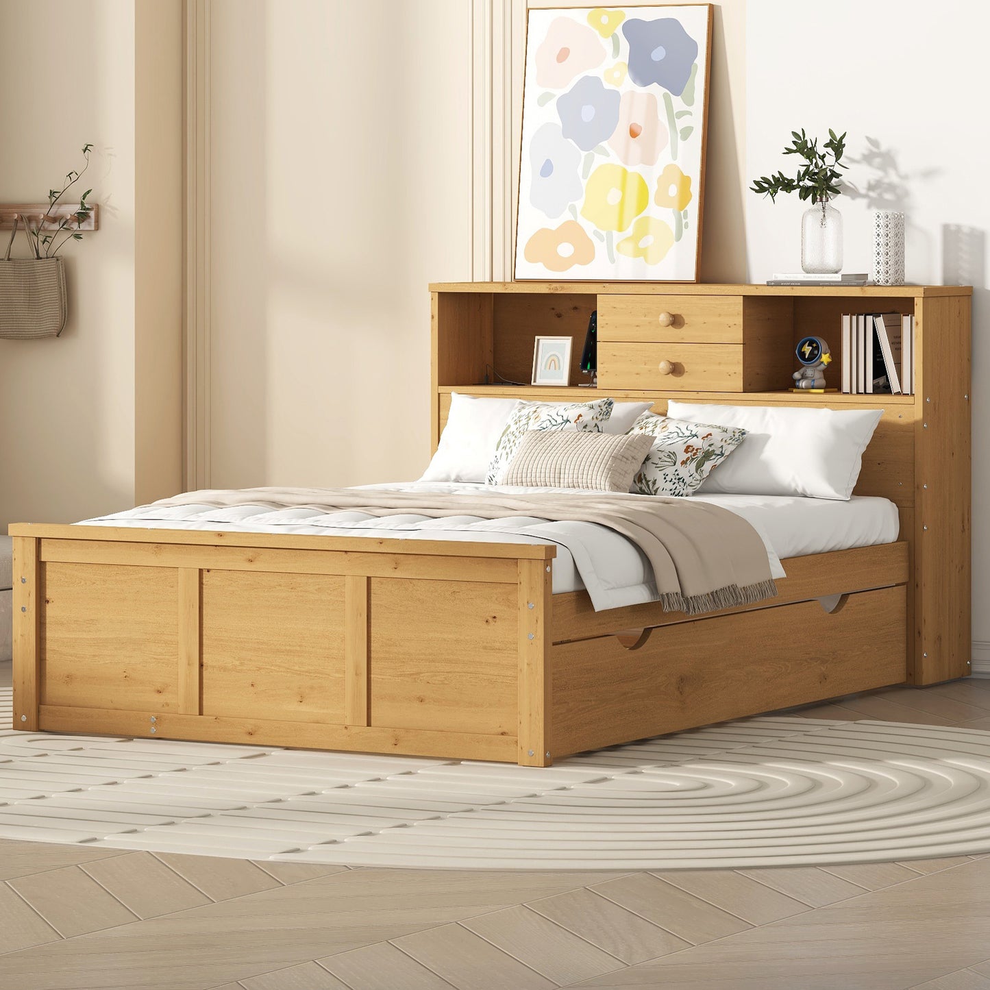 Full Size Wood Pltaform Bed with Twin Size Trundle, 3 Drawers, Upper Shelves and a set of USB Ports & Sockets, Natural