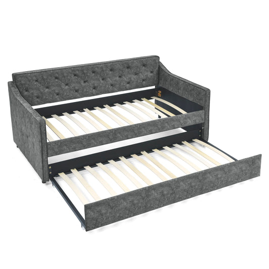 Twin Upholstered Daybed With Trundle, Waved Arms - Gray
