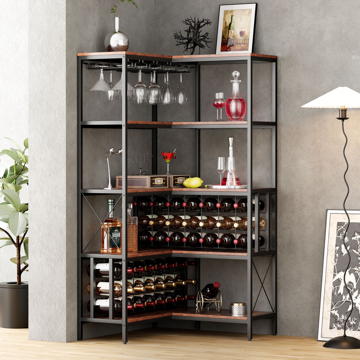 Corner Wine Rack Bar Cabinet Industrial Freestanding Floor Bar Cabinets For Liquor And Glasses Storage For Home Kitchen - Walnut / Black