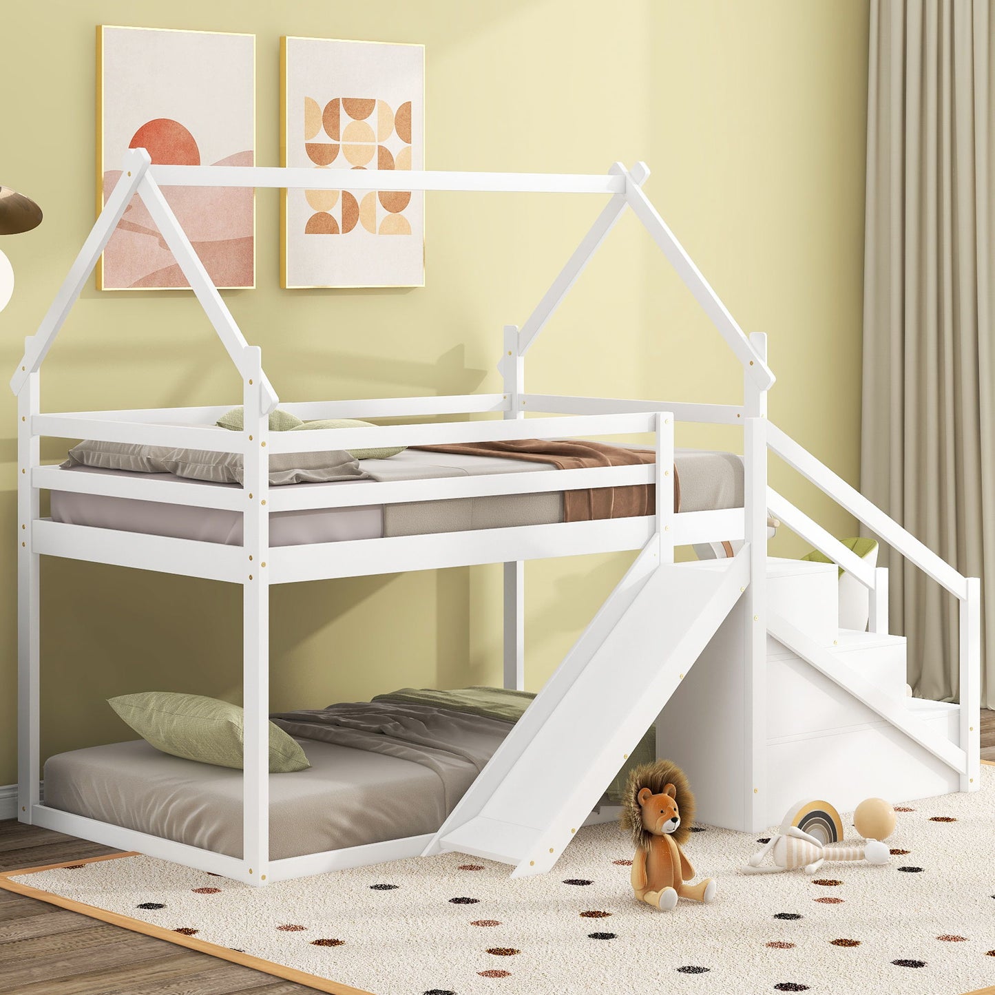 Twin Over Twin House Loft Or Bunk Bed With Slide And Staircase