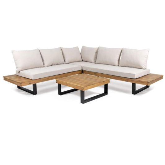 Sebastian - Hand Crafted 4 Piece Sofa Set With Water Resistant Cushions - Beige / Teak