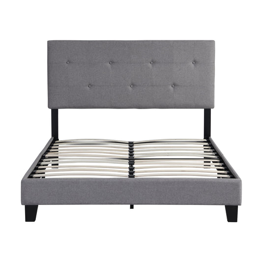 Modern Upholstered Platform Bed Frame With Button Tufted Linen Headboard And Wood Slat Support