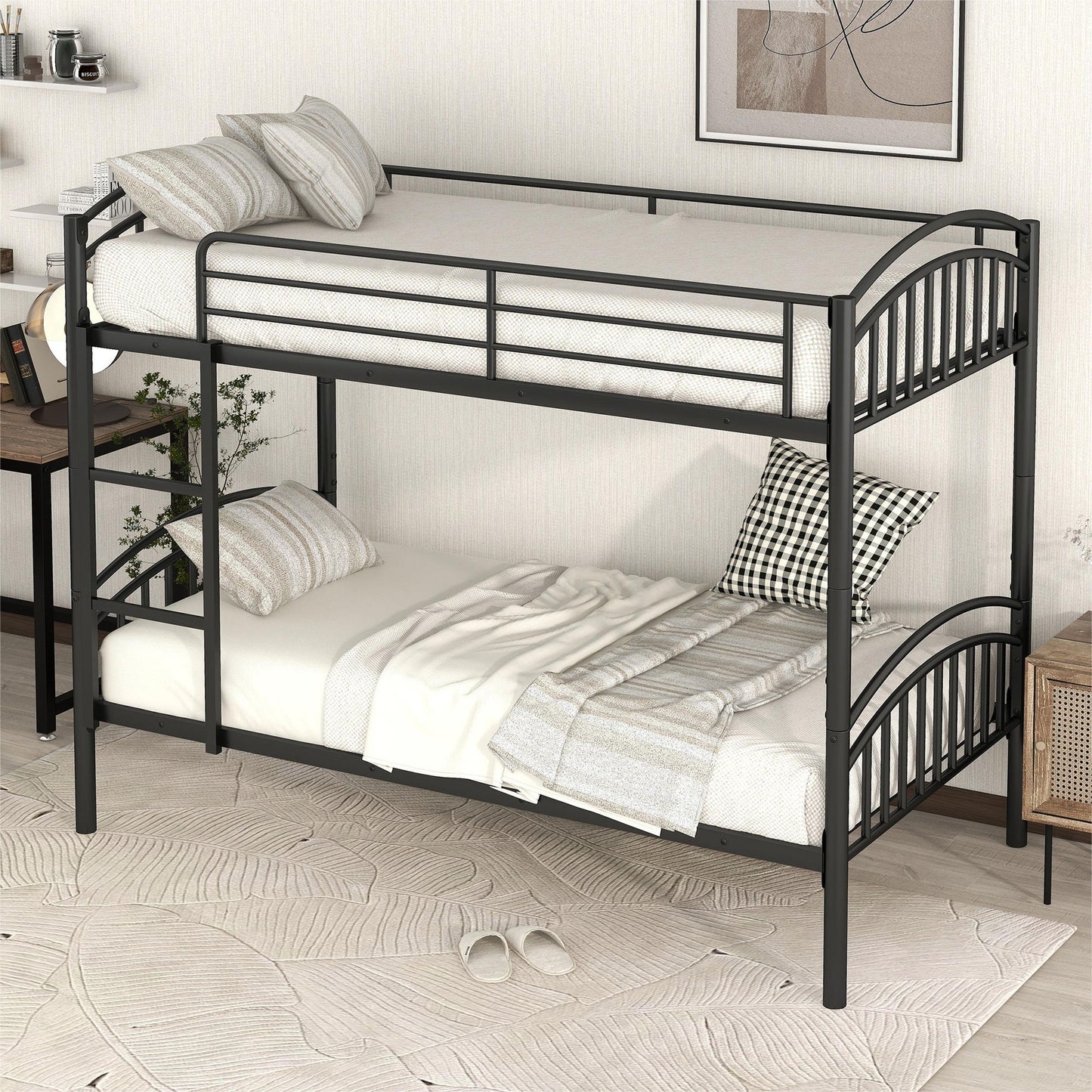 Twin Over Twin Metal Bunk Bed, Divided Into Two Beds - Black