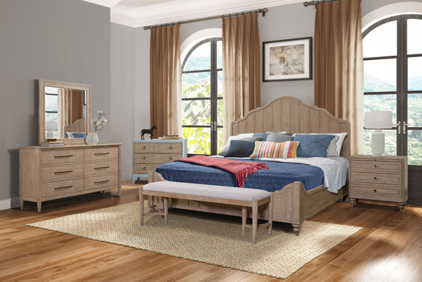 King Panel Bedroom Set With 3 Drawer Nightstand, Casual Dresser, Cane Mirror, 3 Drawer Cane Front Chest And Bench - Sand