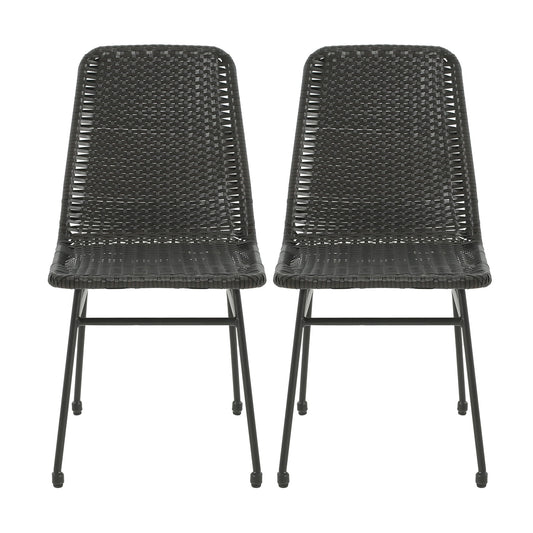 Outdoor Dining Chairs (Set of 2), Rattan Backrest And Cushions, Iron Frame - Dark Brown
