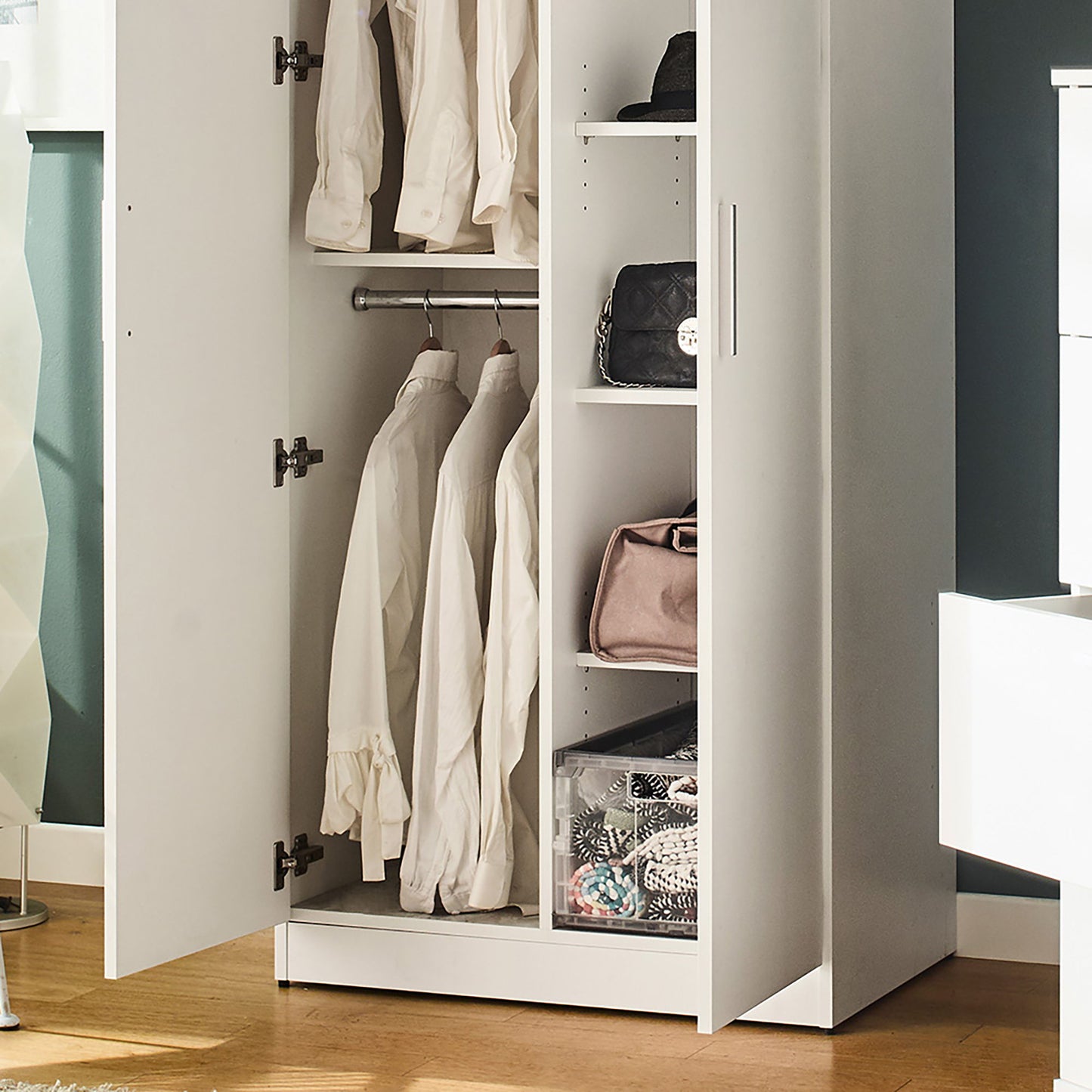 Viviane - Contemporary Wood Closet With Hanging Bars And 5 Shelves - White