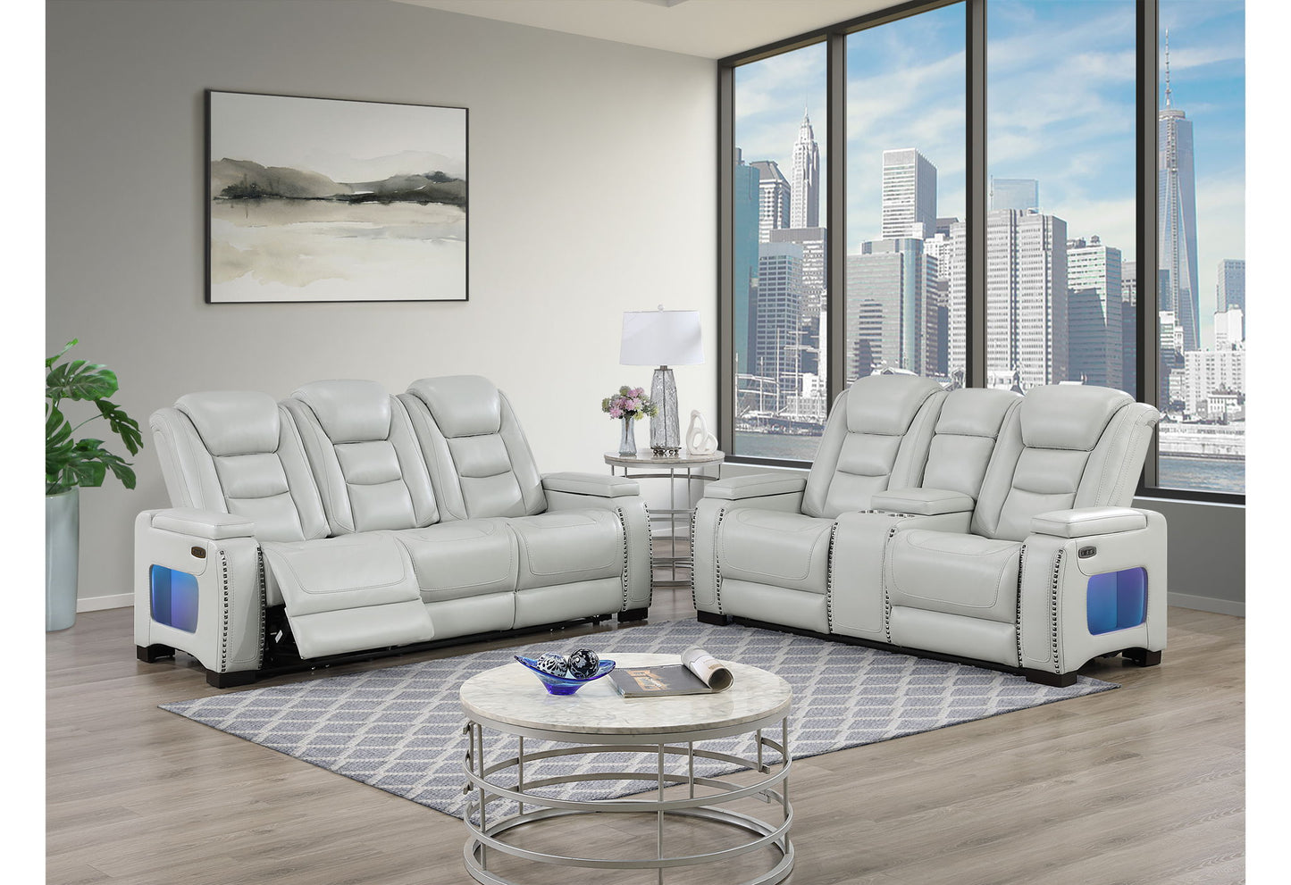 U8609 - Power Reclining Sofa, Power Console Reclining Loveseat With Power Headrest, USB, LED And Bookshelf Arm - Gray