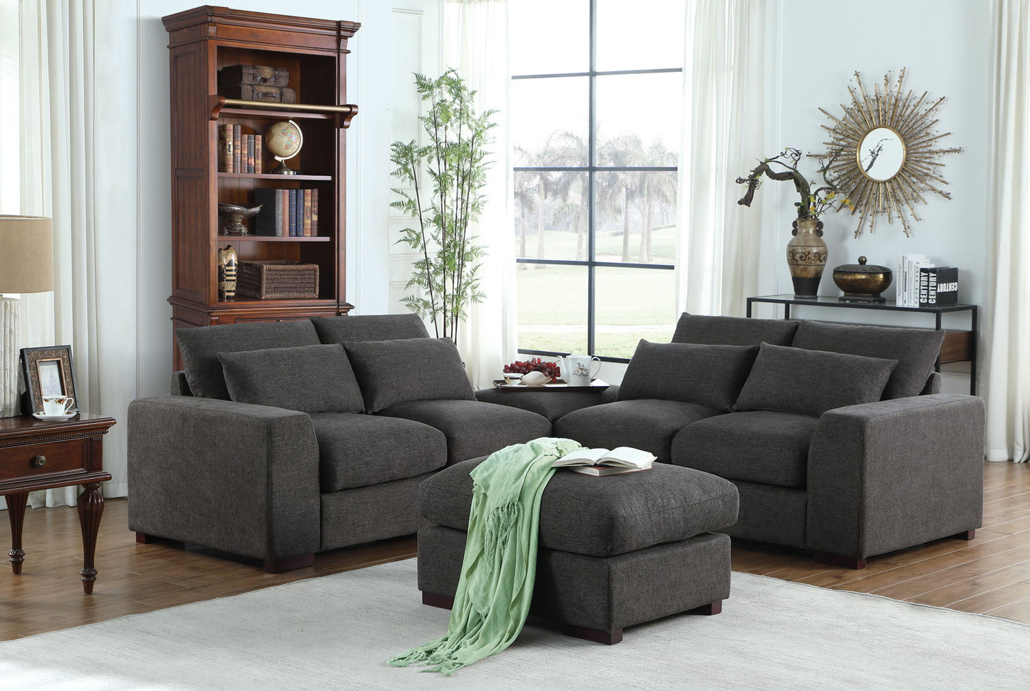 Tatman - Linen Blend Sectional With 2 Ottomans - Dark Gray