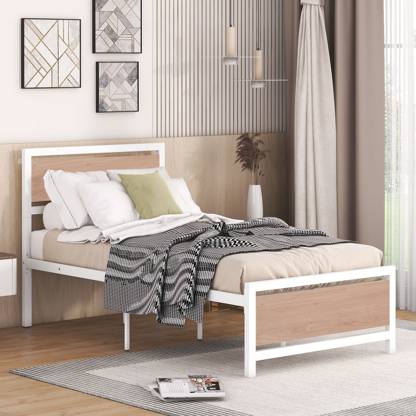 Platform Bed, Metal And Wood Bed Frame With Headboard And Footboard