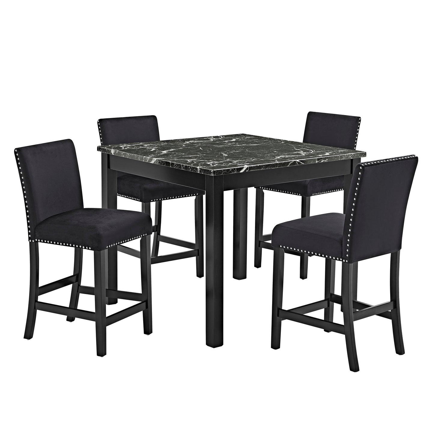 5 Piece Counter Height Dining Set With Table, Tufted Nail Head Chairs - Black