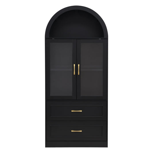 Arched Top Storage Cabinet With Fixed 2 Tier Shelves, 2 Large Drawers