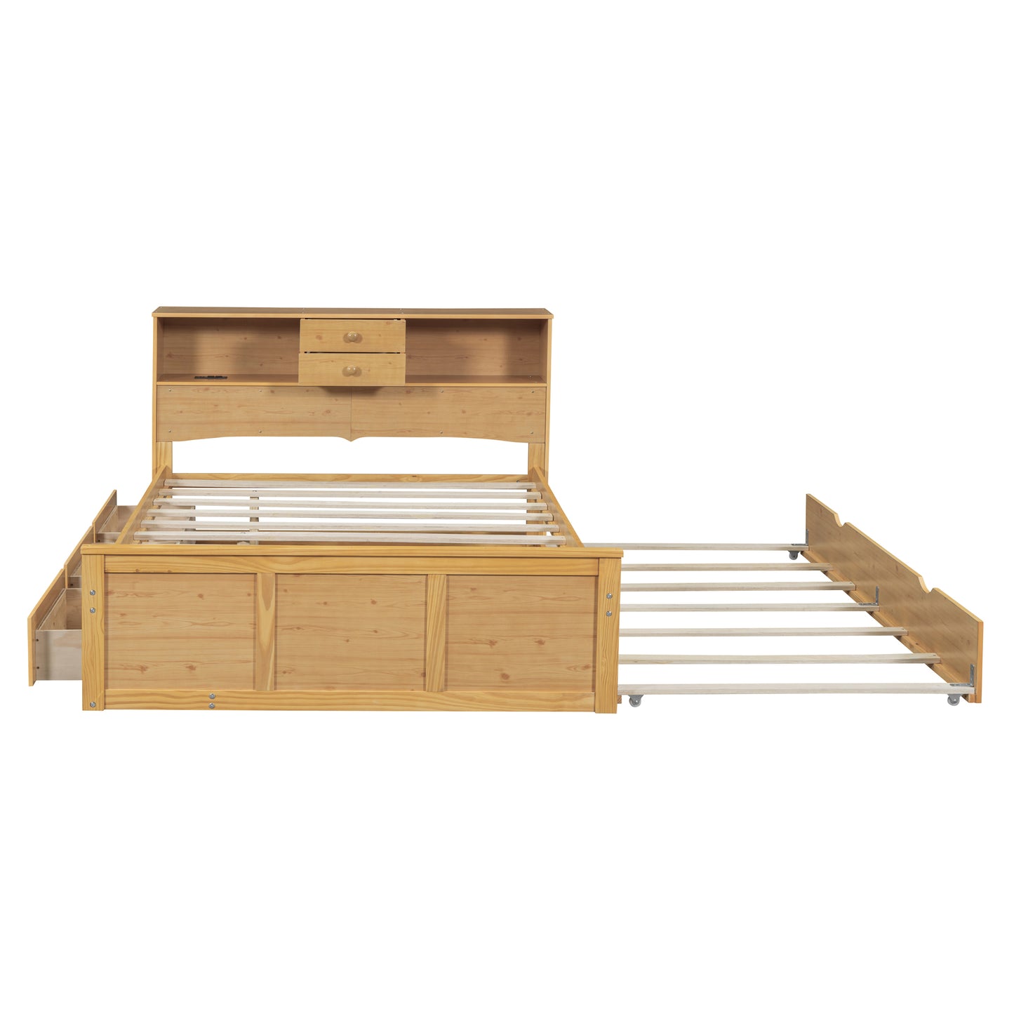 Full Size Wood Pltaform Bed with Twin Size Trundle, 3 Drawers, Upper Shelves and a set of USB Ports & Sockets, Natural