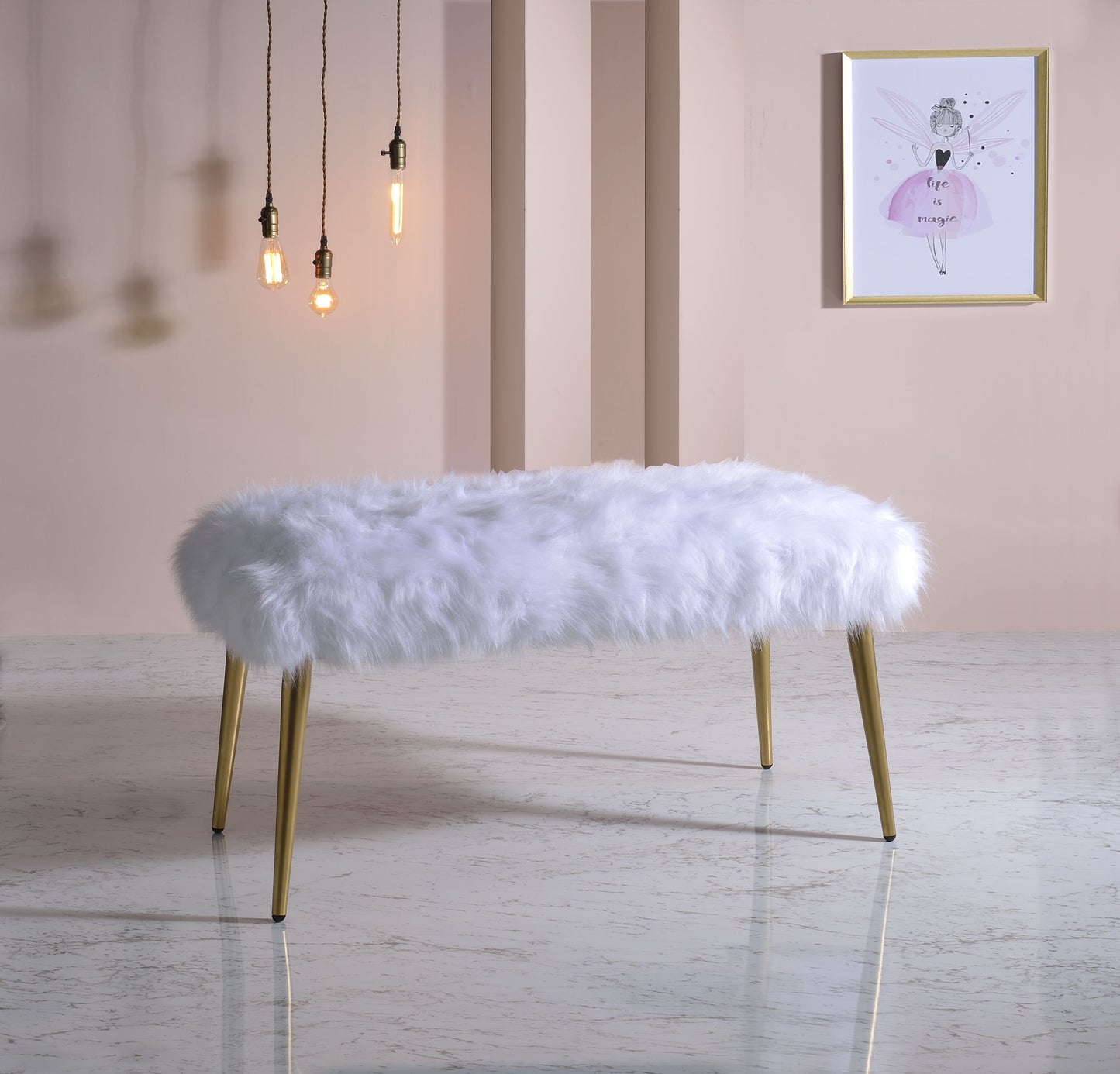 Bagley II - Faux Fur Bench - White / Gold