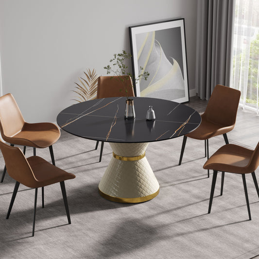 53.15" Modern Artificial Stone Round Carbon Steel Base Dining Table, Can Accommodate 6 People - Black / White