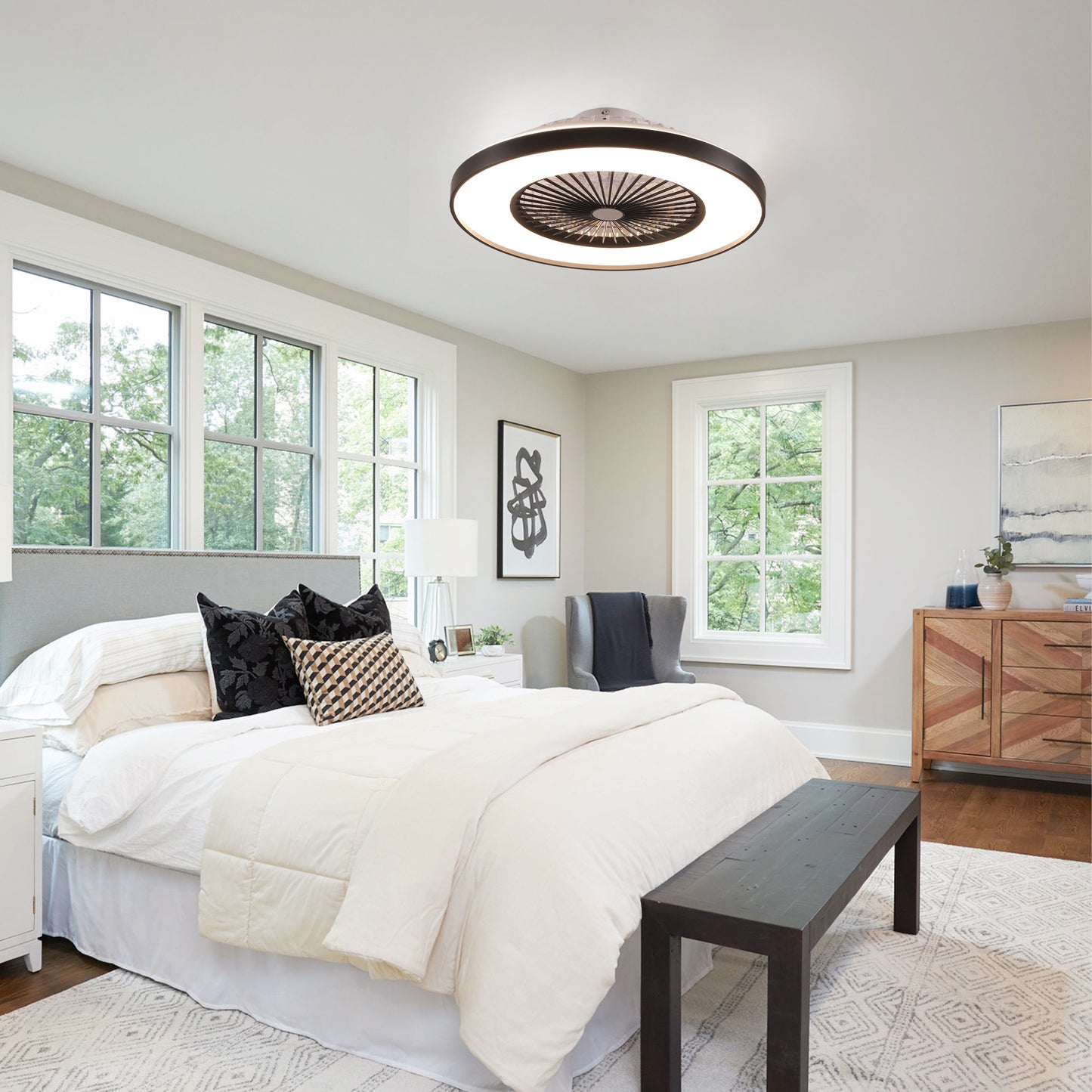 Bedroom Ceiling Fan With Remote Control, Dimmable LED Light, 8 Blades, Reversible Dc Motor - Black