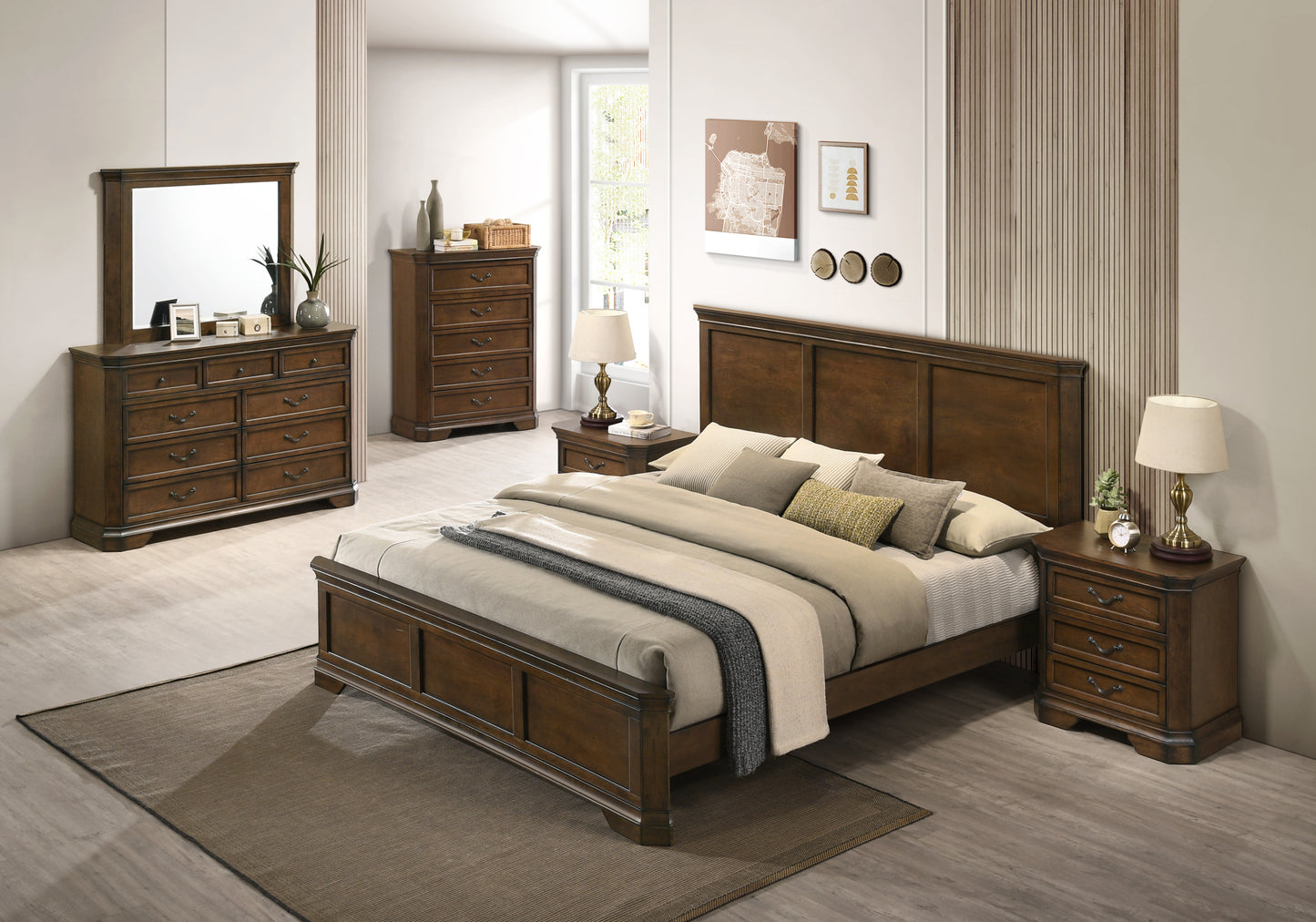 Maderne Traditional Wood Panel 6 pieces King Bed set with Dresser, Mirror, Two Nightstands, Chest