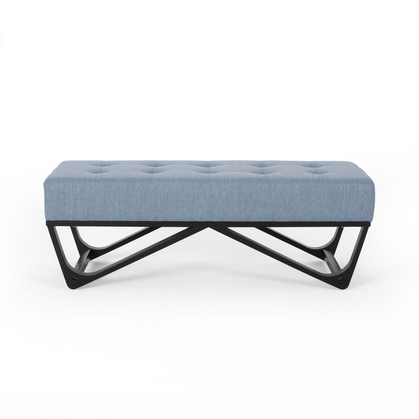 Upholstered Ottoman With Button Tufted Waffle Stitch And Black Geometric Legs - Light Blue