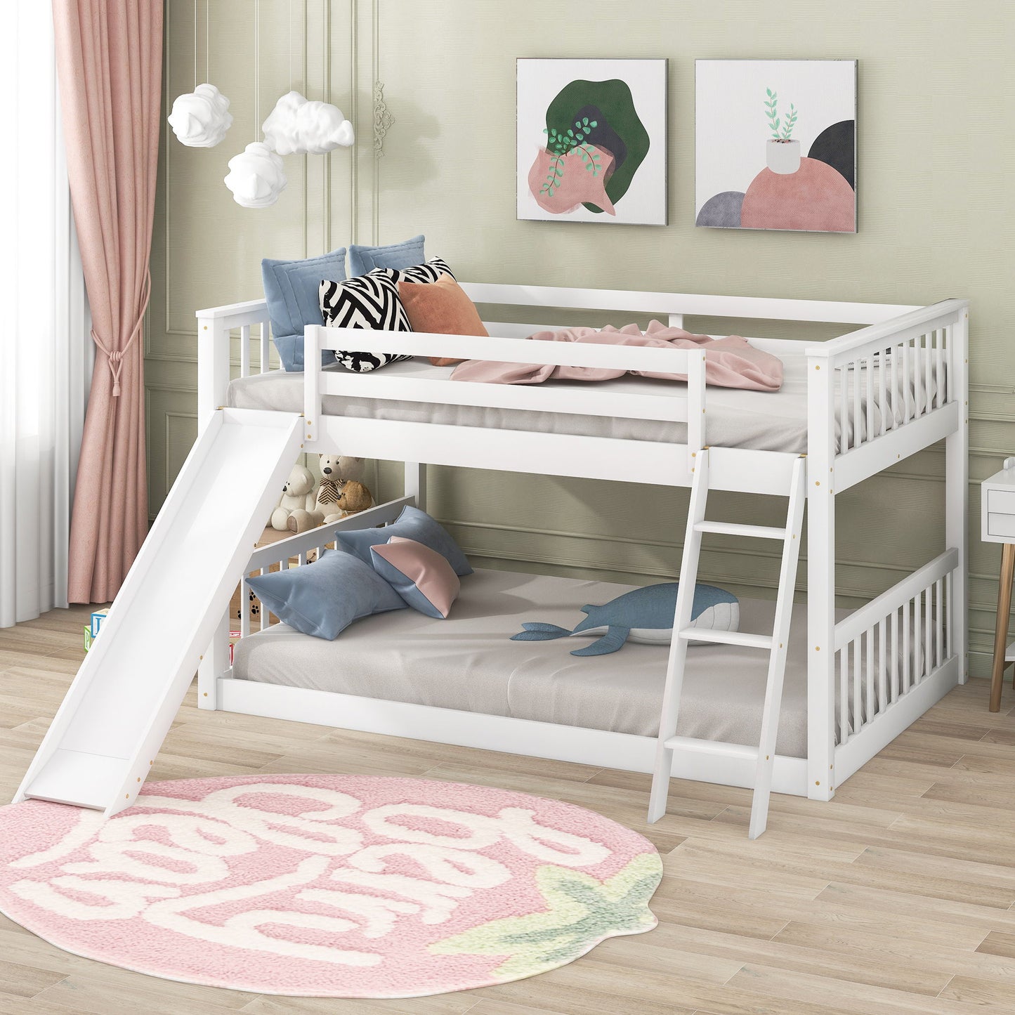 Full Over Full Bunk Bed With Convertible Slide And Ladder - White