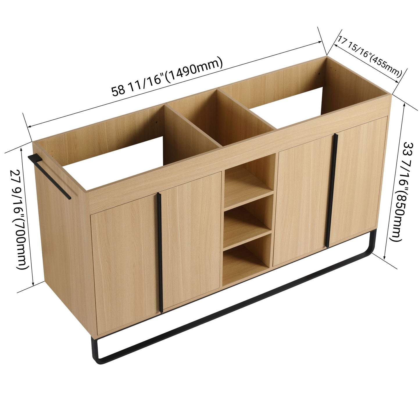 58" Freestanding Bathroom Cabinet With 4 Soft Close Doors & 3 Open Racks (Vanity Only, No Sink) - Oak
