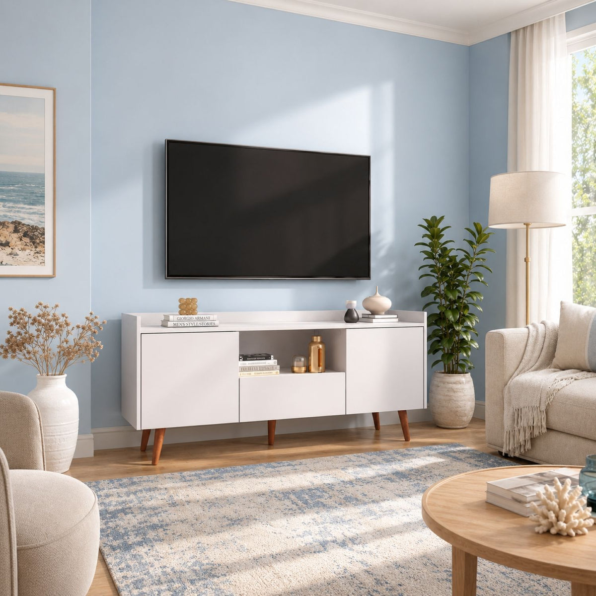 TV Stand For TVs Up To 60" With Open Storage Shelf, 2 Doors, 1 Drawer And Cable Management