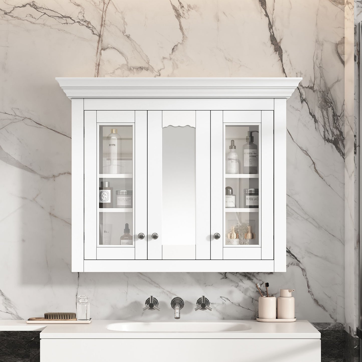 Bathroom Medicine Cabinet With Mirror, 5 Adjustable Closed Shelves, Wall-Mounted - White