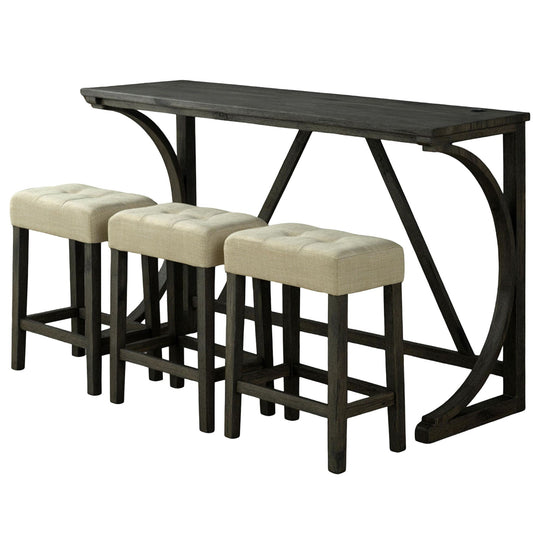 Dining Table Set With USB Charging Ports, Biscuit Tufted Stools - Beige / Brown