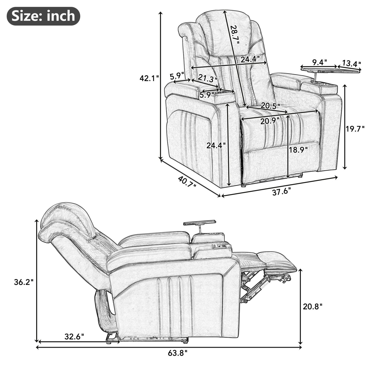 Power Recliner Home Theater Recliner With Power Adjustable Headrest, Wireless Charging Device, USB Port, Storage Arms, Cup Holder And Swivel Tray Table For Living Room