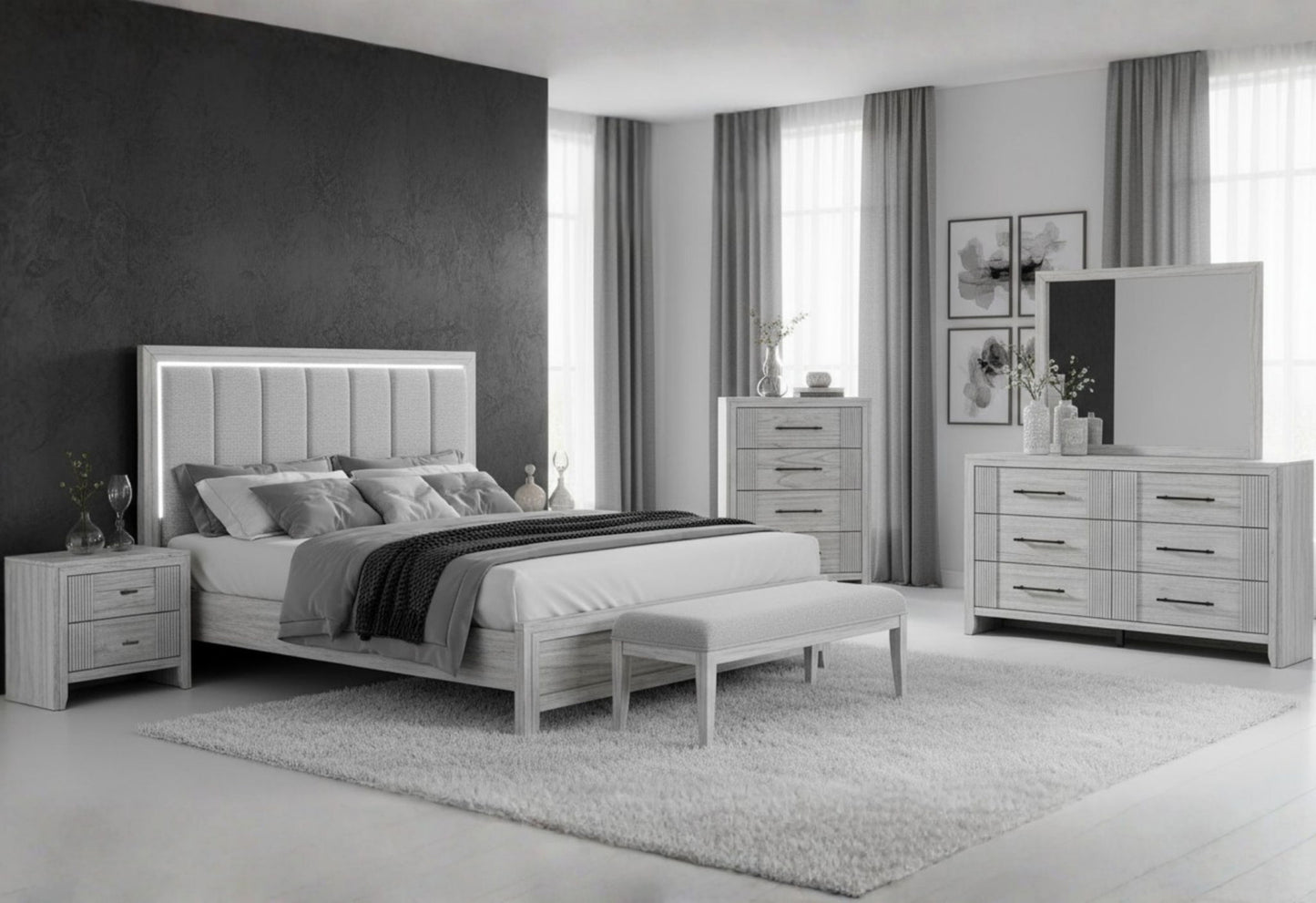 Elsie - King Bed Headboard With LED, Footboard And Slats - Light Gray