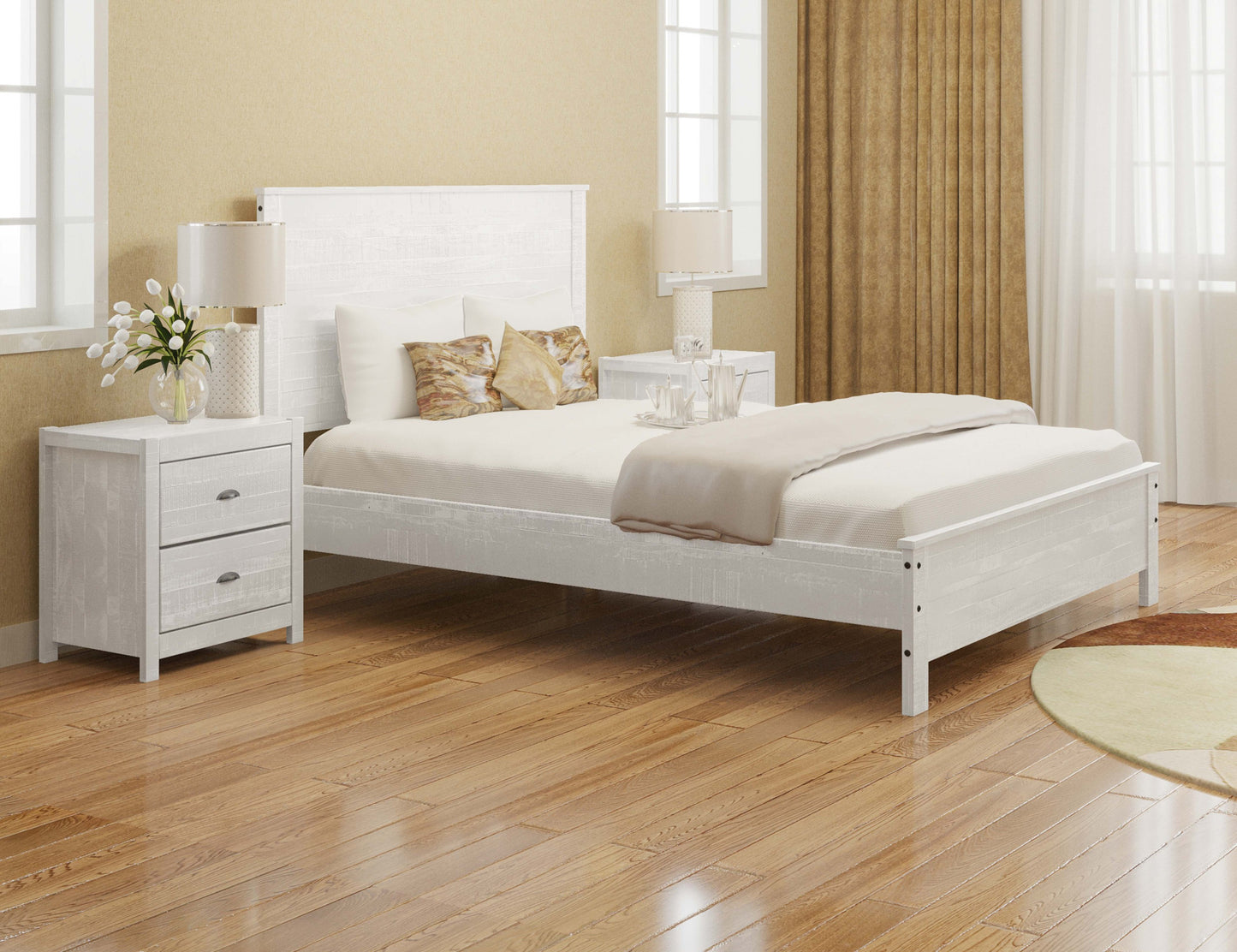 Albany 3 Piece Full Bed Set, Heavy Duty Solid Wood Full Size Bed Frame with Bedside Table Set of 2, White