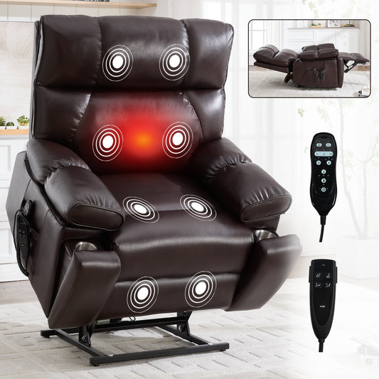 Brown Leatheraire Heat Massage Dual Motor Infinite Position Up to 350 LBS Large Electric Power Lift Recliners with Hidden Cup Holders, Power-Remote, Medium-firm and Heavy Duty