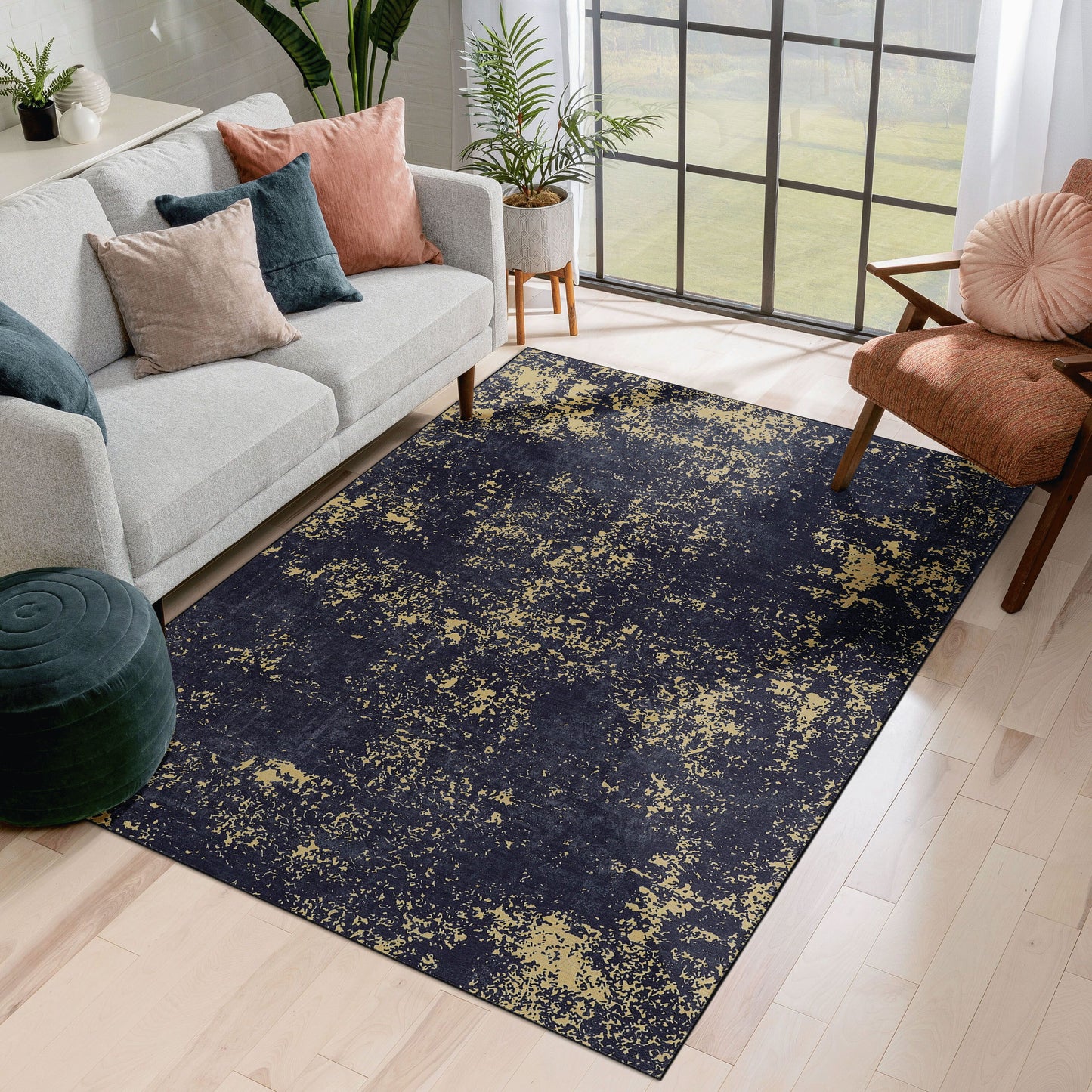 3' x 5' Area Rug, Washable, Low-Pile, Non-Slip, Non-Shedding, Foldable, Kid & Pet Friendly - Black / Gold