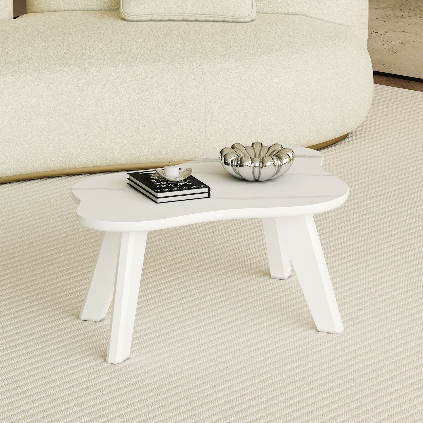 Modern Minimalist White Imitation Marble Table Top With Solid Wood Legs, Cloud Shape Computer Desk And Game Table