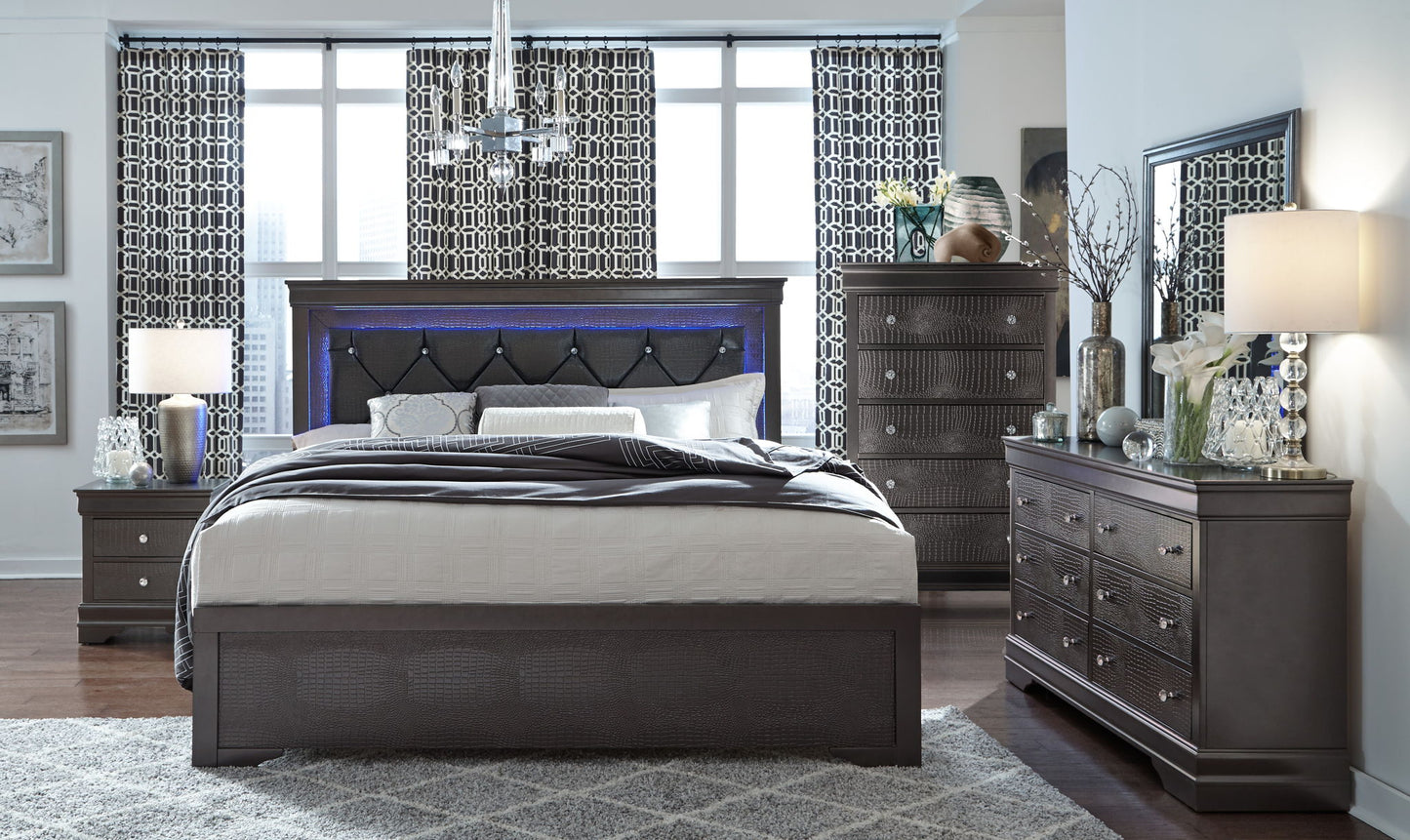 Pompei - King Bed Headboard With LED And Footboard - Metallic Gray