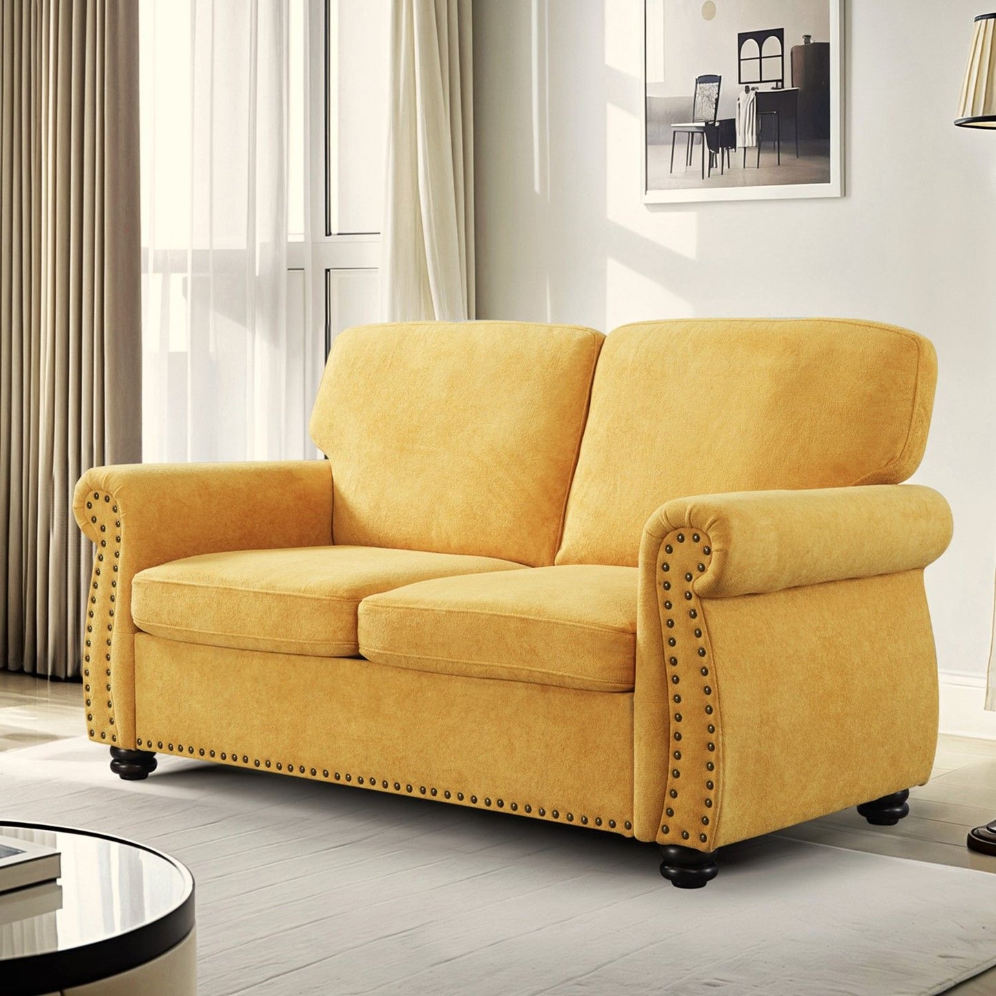 Soft Loveseat, Upholstered 2 Seater Couch, Loose Back Cushions And Turned Legs