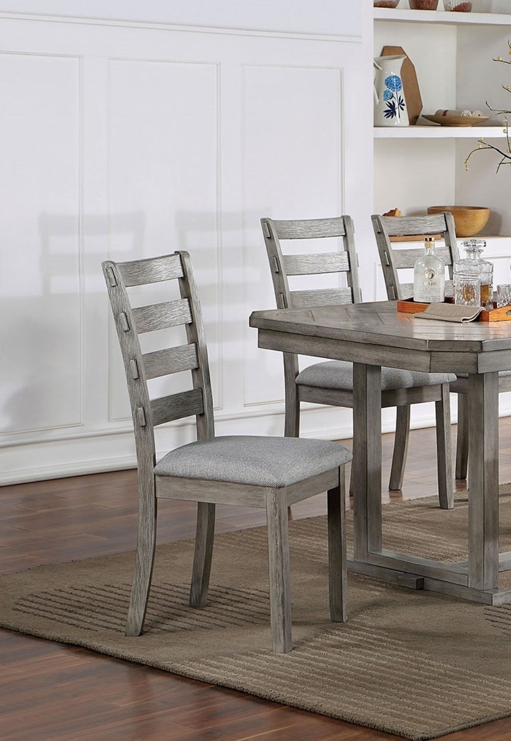 Dining Table 4x Side Chairs Bench 6pcs Dining Set Grey Finish Dining Room Furniture Fabric Seat Rustic Style