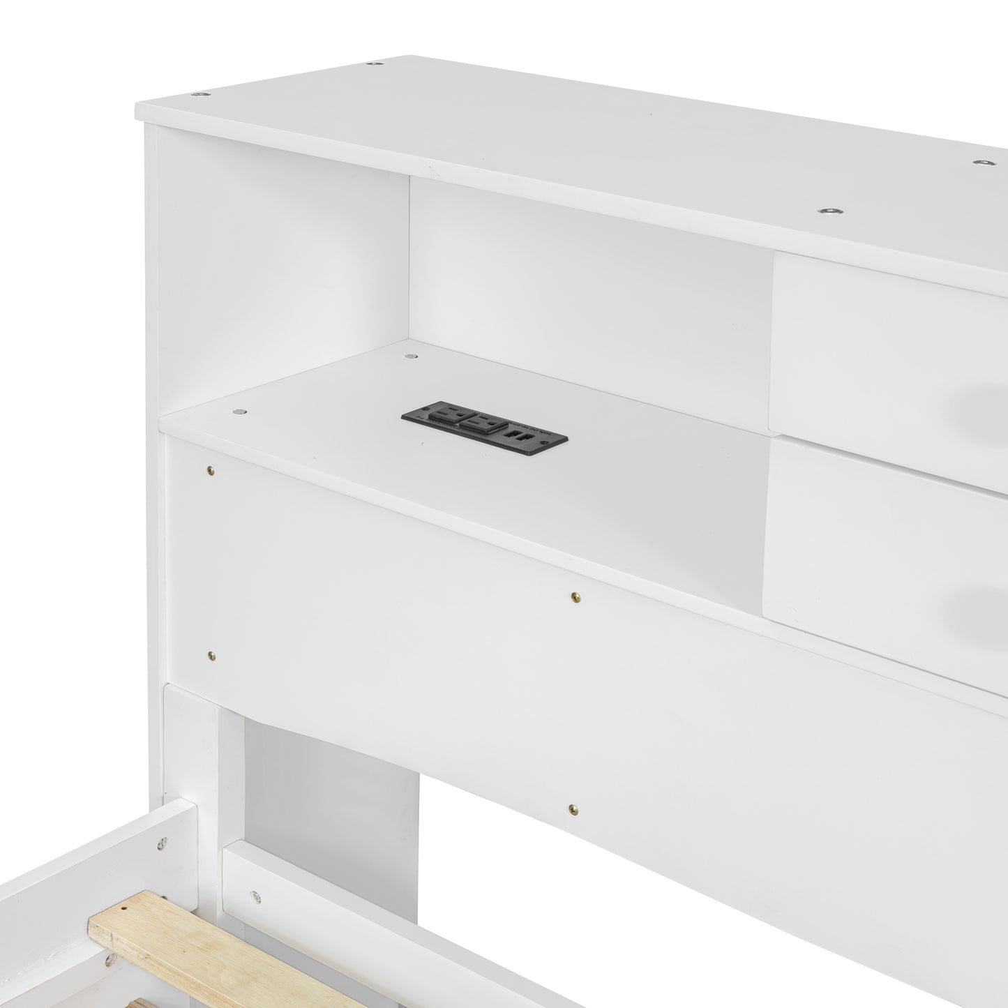 Full Size Wood Pltaform Bed with win Size Trundle, 3 Drawers, Upper Shelves and a set of USB Ports & Sockets, White