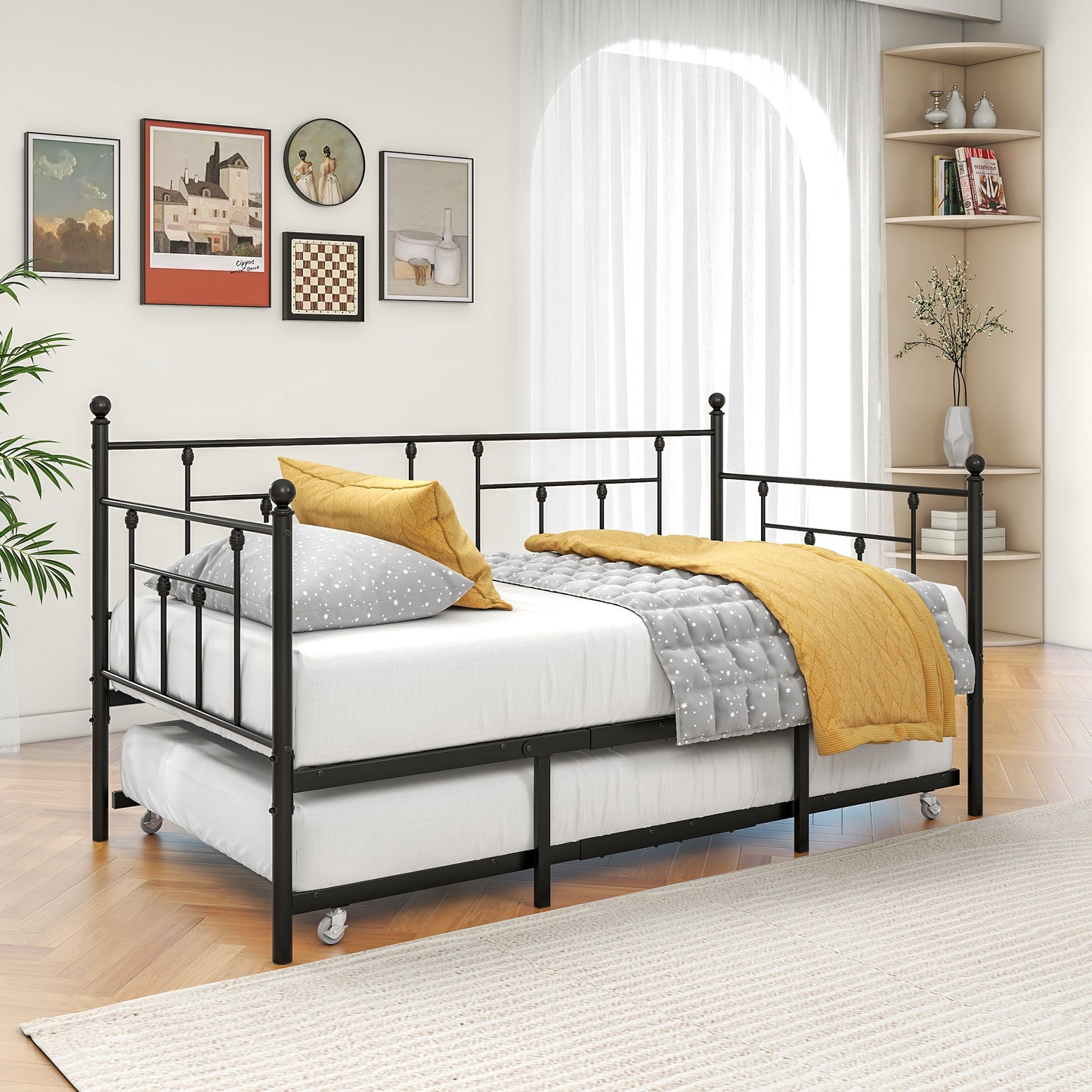 Twin Size Daybed Metal Frame with Trundle Set, Twin Day Bed Sofa, Daybed and Roll Sofa Bed for Guest Room, Bedroom, Living Room, Victorian Style, Black