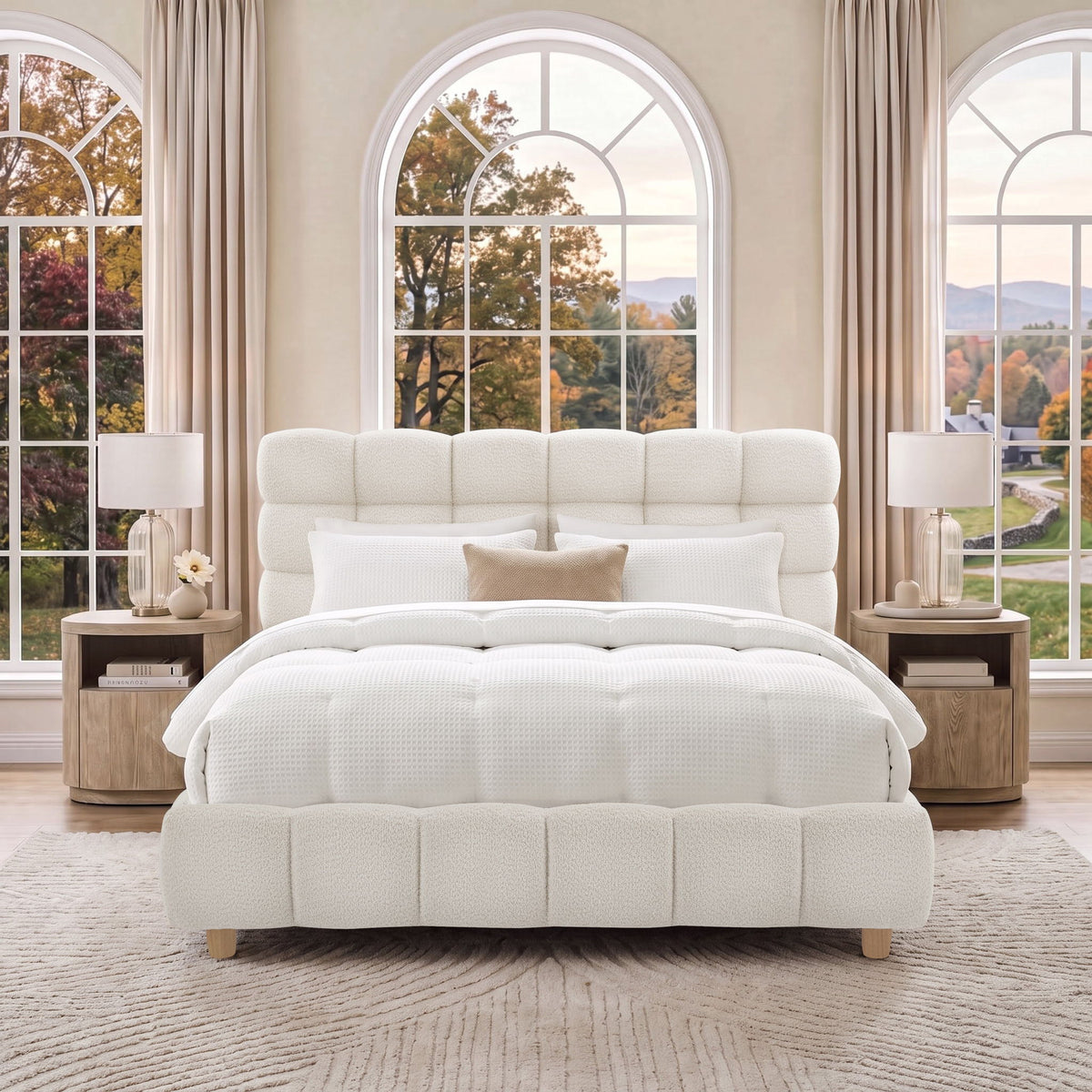 Pula - Queen Platform Bed With Upholstered Headboard, Slat Support, No Box Spring Needed - Ivory