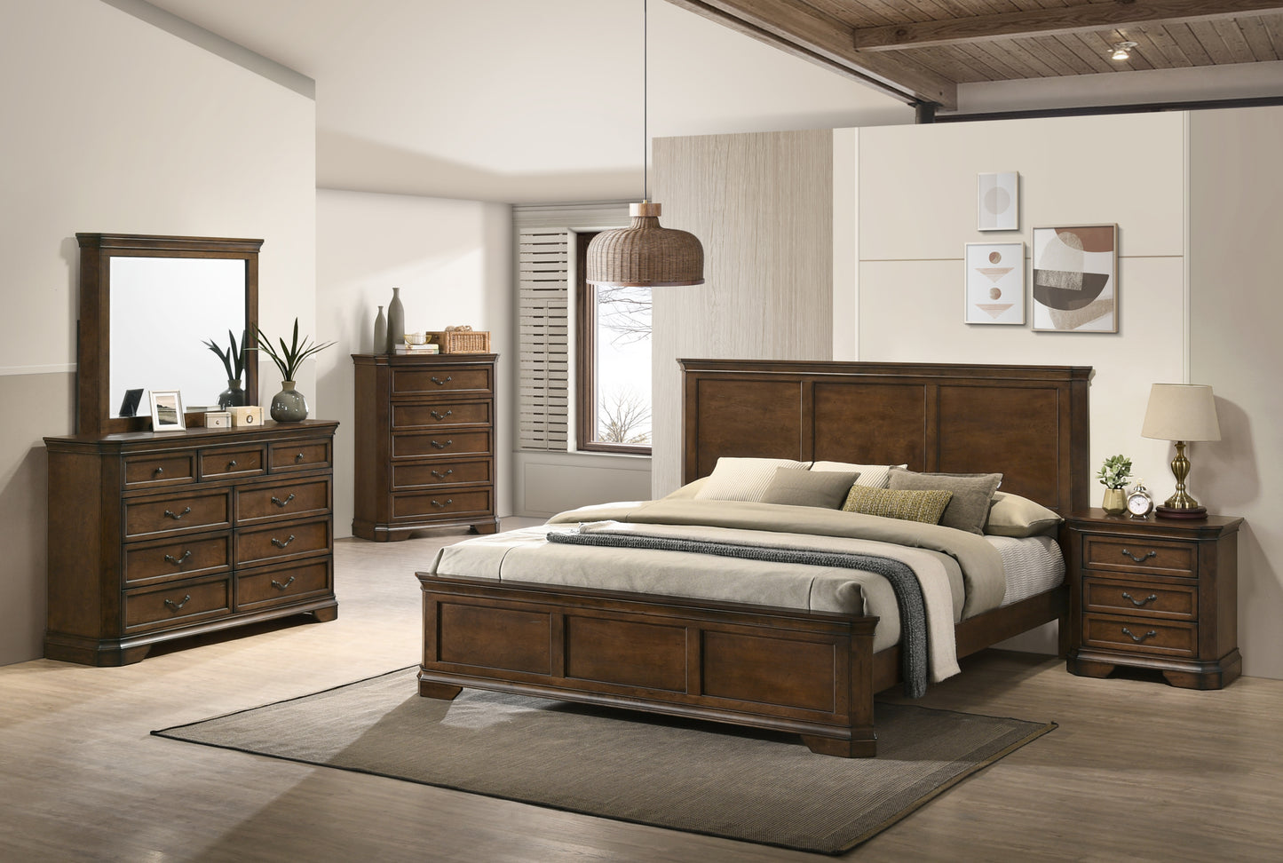 Maderne Traditional Wood Panel 5 pieces King Bed set with Dresser, Mirror, Nightstand and Chest