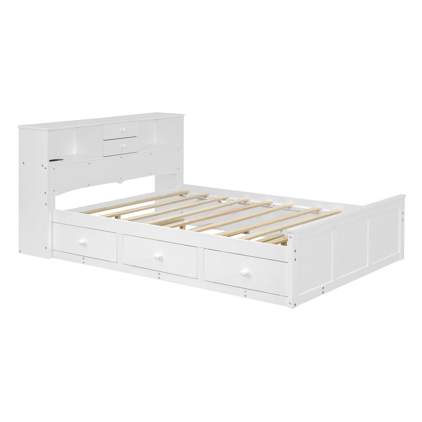 Full Size Wood Pltaform Bed with win Size Trundle, 3 Drawers, Upper Shelves and a set of USB Ports & Sockets, White