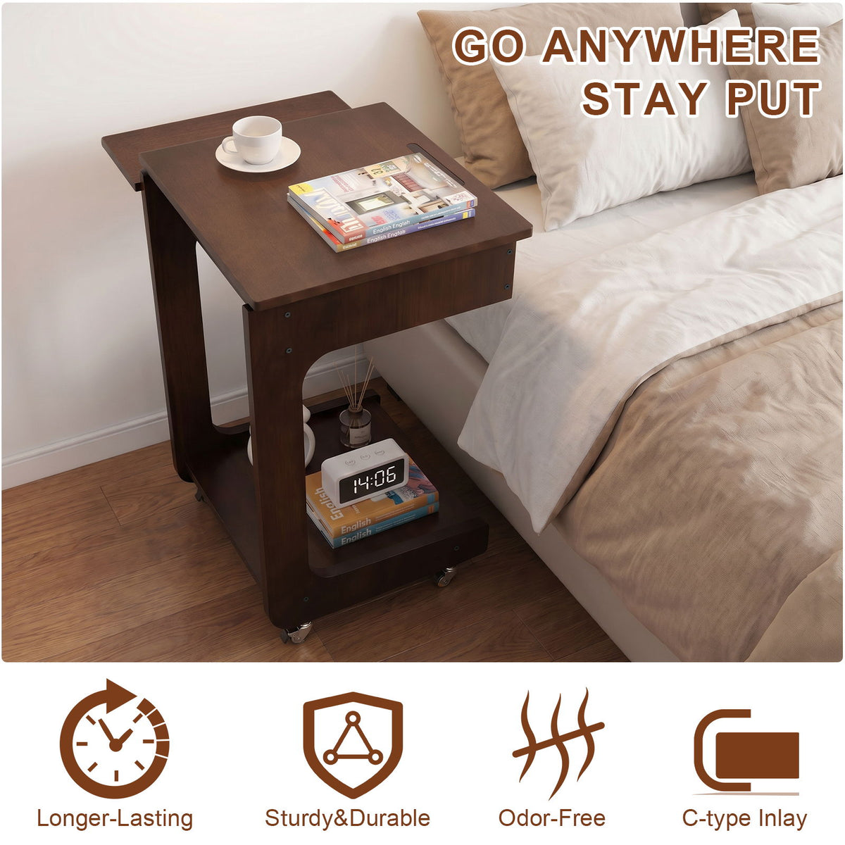 C - Shaped End Table, Rolling With 360° Adjustable & Foldable Desktop, Couch Table With Laptop Stand For Living Room - Walnut