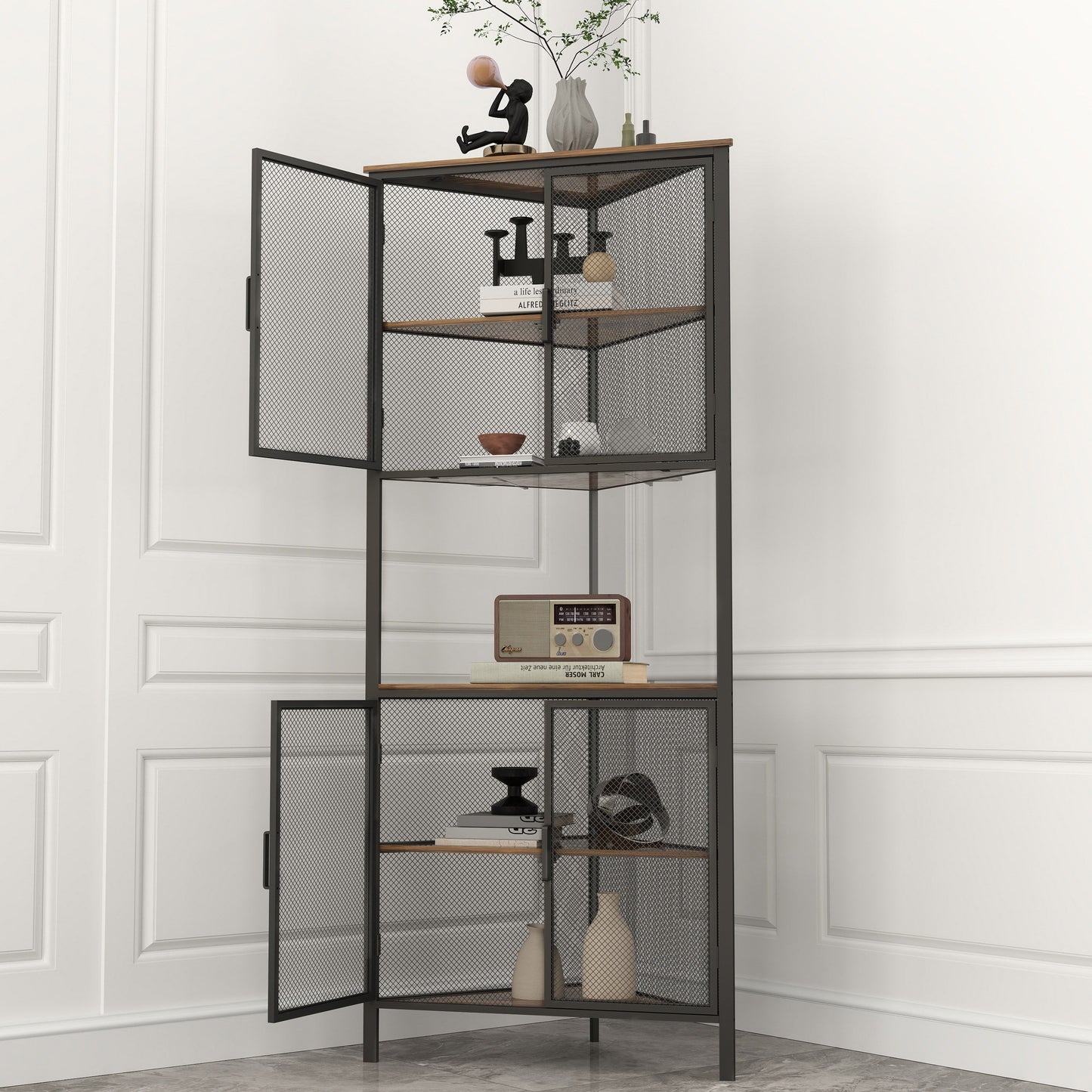 5 Tier Shelves With Metal Mesh Door, Bookcase Storage Shelf Corner Shelf For Small Space, Living Room - Black / Brown