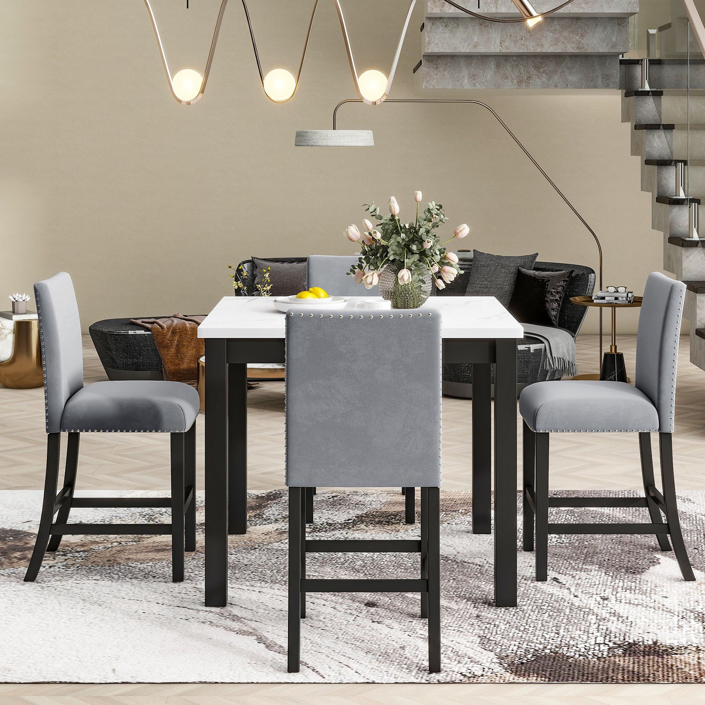 5-Piece Counter Height Dining Table Set With One Faux Marble Top Dining Table And Four Velvet Upholstered Chairs